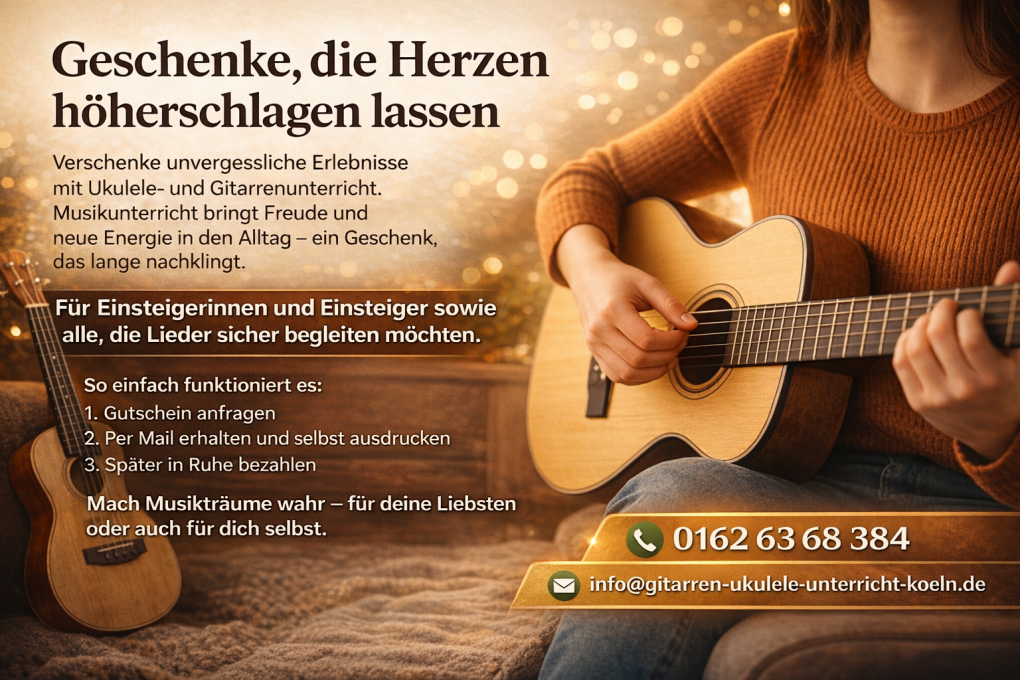 „Werbung für Gitarren- und Ukuleleunterricht als Geschenk. Eine Person sitzt mit einer Gitarre auf d